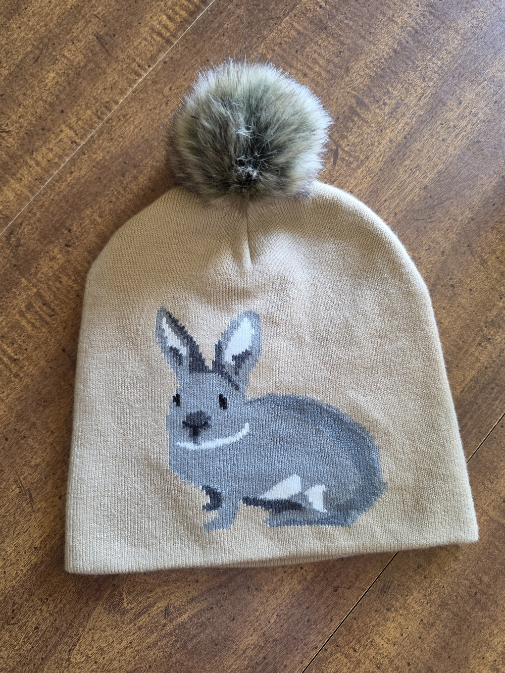Pom-Pom Beanie Hat with Bunny Design - Tan